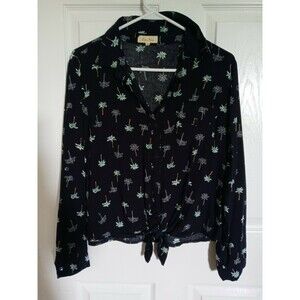 Love Notes Women’s Large L/S Rayon Tie Front Button Up Blue Palm Print Pocket